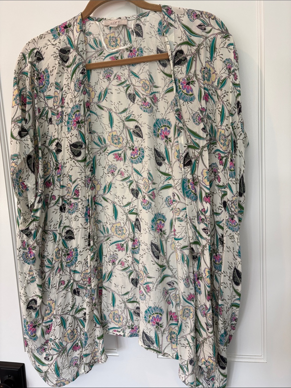 LOFT Ivory Floral Open-Front Kimono with Teal & Pink Accents